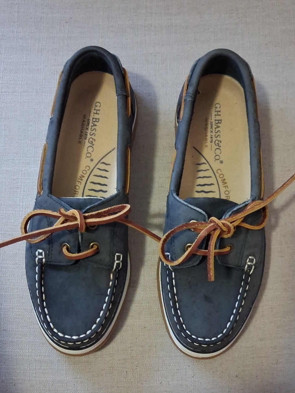 G.H. Bass & Co. Navy Leather Boat Shoes with Tan Laces